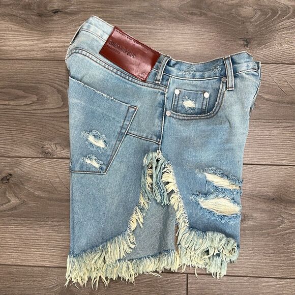 One Teaspoon Frankies Long Length Button Fly Fringe‎ Blue Jean Shorts Size 25 - Picture 2 of 13